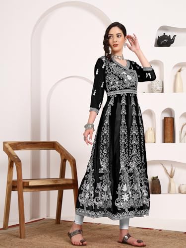 Image of EthnicJunction Women's Georgette Regular Fit Anarkali Embroidered Chikankari Work Angrakha Kurta