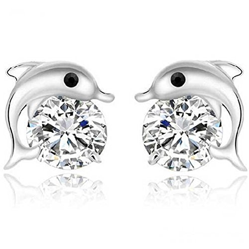 KeyZone Lady Lovely Dolphin Crystal Rhinestone Zircon Stud Earrings Jewelry