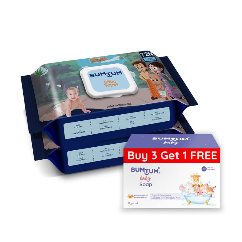 Image of Bumtum Chota Bheem Gentle Soft Moisturizing Wet Wipes With Lid - 144 Pcs.(Pack of 2) & Baby Soap (4N x 50 Gram) Combo