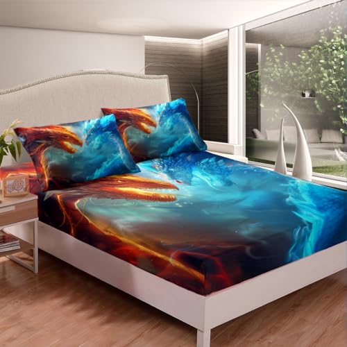 Homemissing Dragon Fitted Sheet Ice Fire Dragon Bed Sheets for Kids Boys Girls Safari Wildlife Bedding Set Orange Blue Dragon Sheets Set Bedroom Collection 2Pcs Single Size,No Flat Sheet - Image 3