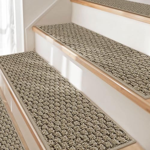 JSEI Stair Treads for Wooden Steps, 14 Pack 9' X 28' Non-Slip Machine Washable Carpet Stair Treads with TPE Backing, Soft Indoor Stair Rug Runner for Kids Elders & Pets, 100% Polyester, Beige