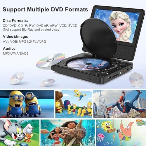 Image of HOPYOP 9 inch Portable DVD Player for Kids and Car, 7 inch Swivel Screen with 4-6 Hours Built-in Battery, Car DVD Player with Dual Speakers, Support Sync Screen to TV, USB /SD /Multiple Disc Formats