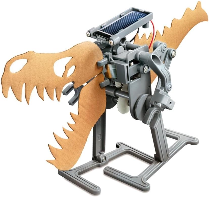 The 4M Green Science Solar Robot customized to resemble a dinosaur, using cardboard cutouts for the head and tail.