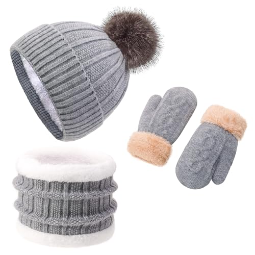 Image of Kids Winter Beanie Hat Gloves Scarf Set 1-10 Years Old Girls Boys Mittens Knit Neck Warmer Warm Fleece lining