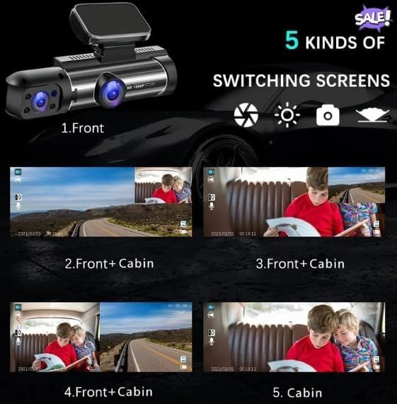 Dash cam screen showing five different display modes: Front, Front+Cabin (various layouts), and Cabin