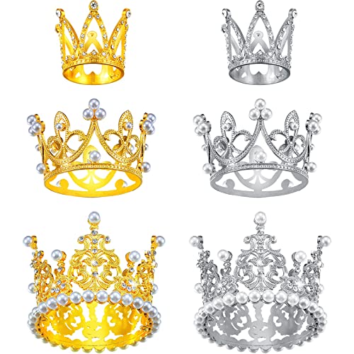 6 Pcs Crown Cake Topper Crown Cake Topper Artificial Pearl Rhinestone Cake Crown Topper Small Tiara Cake Topper Crowns for Decoration Birthday Wedding Cake Topper Girl Baby Shower Party (Silver, Gold)
