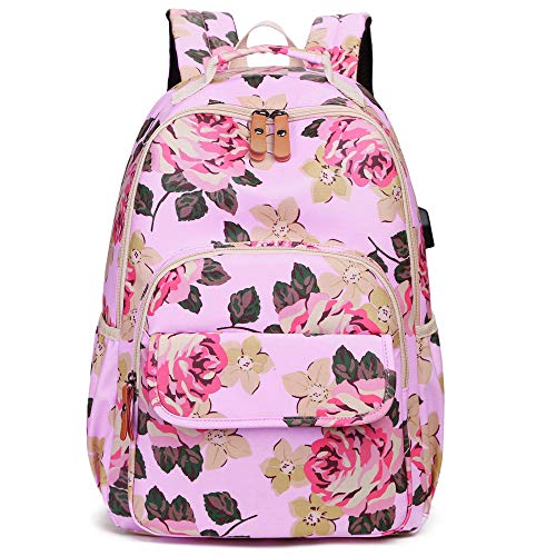 MORGLOVE Floral Schulrucksack Mädchen Teenager Groß Rucksack mit USB Ladeanschluss Port und Viel Platz für Damen Schule Arbeit Alltag Uni Nylon Wasserdicht (Pink)
