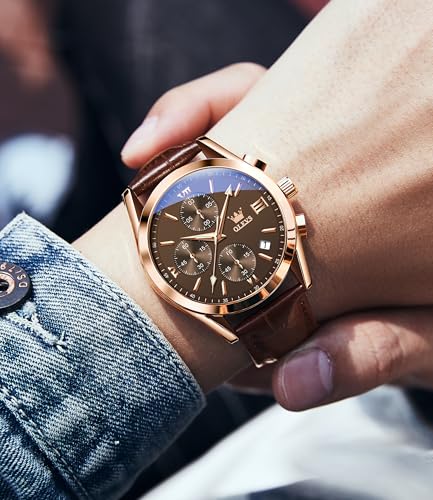 Image of OLEVS Watches for Men Original Analog Quartz Stylish Brown Leather Luxury Business Chronograph Waterproof Date Mens Wrist Watch