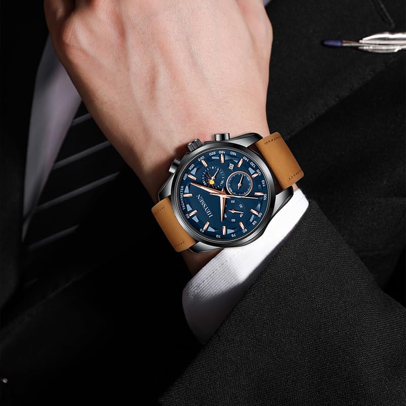 Watches for Men Chronograph Analog Luminous Quartz Watch Blue Black Luxury Genuine Leather Mens Watches Business Sports Waterproof Wristwatch Elegant Gift for Him - Image 2