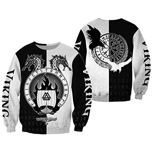 Odin Rune Viking Herren Hoodie, nordische Mythologie Keltischer Drache 3D gedruckter Pullover Rune Kompass Odin Rabe Kostüm, Harajuku Langarm Street Sweatshirt/XXL (Color : Sweatshirt, Size : XL) Cover