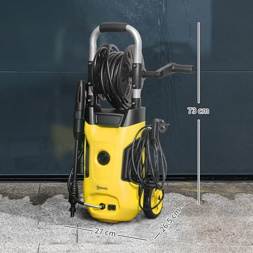 Outsunny 1800W High Pressure Washer, 150 Bar Pressure, 420 L/h Flow, Portable Power Washer Jet Wash Cleaner with Adjustable Nozzle, 6M Hose, Hose Reel, Steel Handle for Home Patio Car Driveway, Yellow - Image 7