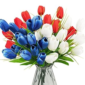Patriotic Artificial Tulip Flowers 13 Fake Red White and Blue Memorial Tulips Bouquet 4th of July Memorial Day Cemetery Flowers Arrangements for Grave Vase Home Party Decor