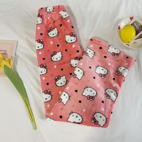 Image of BIUGNVW Anime Pajamas Pants Women Cartoon Family Christmas Pajama Pants Kawaii Flannel Pajama Pants Black and Pink