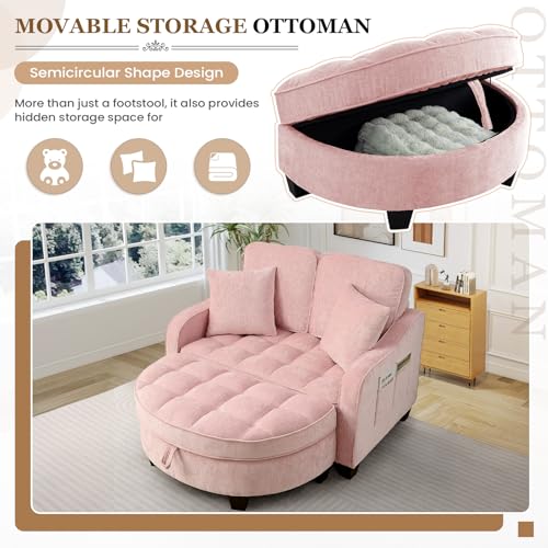 Image of Oversized Chair and A Half, Chenille Tufting Accent Cozy Reading Sofa Chair with Storage Ottoman, Upholstered Loveseat Chaise Lounge Sofa with Adjustable Back for Living Room, Office, Sunroom, Pink
