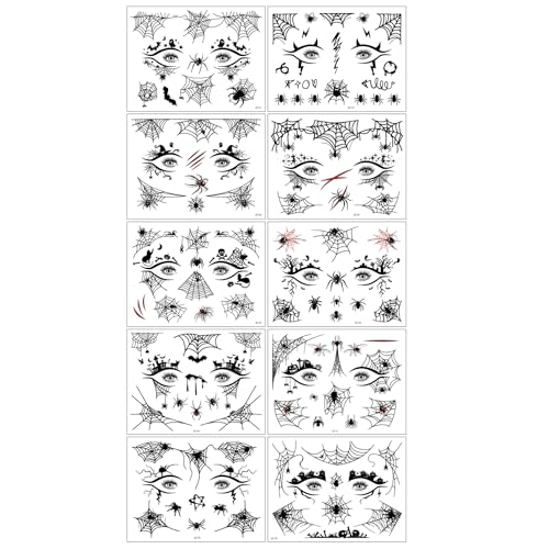 10 Sheets Halloween Eye Shadow Temporary Tattoos Eyeliner Tattoo Stickers Spider Web Bat Pattern Eyeliner Fake Tattoos for Women Men Face Eye Makeup Halloween Decals Party Supplies