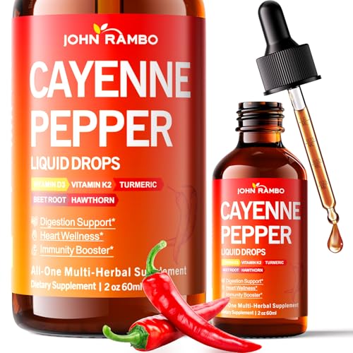 Cayenne Pepper Liquid Drops, Organic Cayenne Pepper Extract with Hawthorn Berry, Beetroot, Turmeric, Vitamin K2 & D3 Supplement for Immune Support, Circulation & Overall Wellness, Gluten Free, 2 Fl Oz