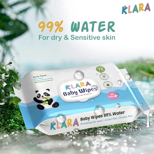 Image of Klara 99% Pure Water Baby Wipes | With Aloe Vera | Rash-Free & Paraben-Free | Pack of 6 (432 Wipes)