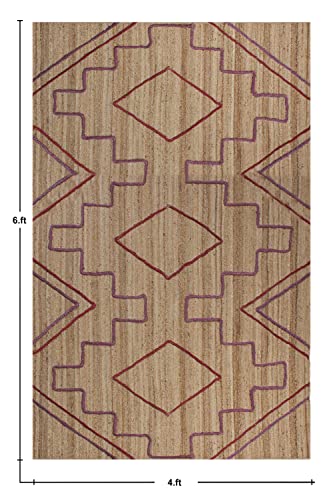 Tapis en jute naturelle résistant géométrique beige rouge pour salon