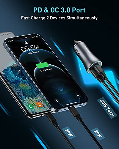 Baseus Carregador de carro, carregador de carro 40 W QC 3.0 USB C PD 3.0 de carregamento rápido, ada