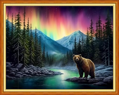 Image of Redxing Stamped Cross Stitch Kits Embroidery kit for Beginners Adults Full Range of Embroidery Patterns Starter Kits DIY Printed Cross Stitch Kits Needlepoint Kits 11CT-Bear Aurora 16x20 inch