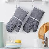 VHAUSE Lange Ofenhandschuhe, 1 Paar, hitzebeständig, 235 °C, Baumwolle, Ofenhandschuhe mit rutschfestem Silikongriff, BBQ-Handschuhe, Backhandschuhe, Handschuh für Küche, Kochen, Grau