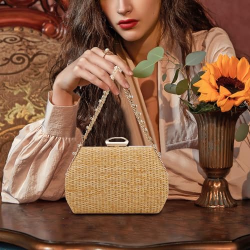 Image of Comeon Straw Clutch Bags for Women Evening Handbag with Rhinestone Handle Hand-Woven Summer Beach Bag Party Formal Purse