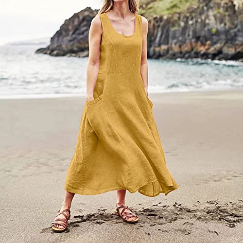 Plus Size Cotton Linen Summer Dresses for Curvy Women 2025 Sleeveless Maxi Vacation Beach Sundresses with Pockets
