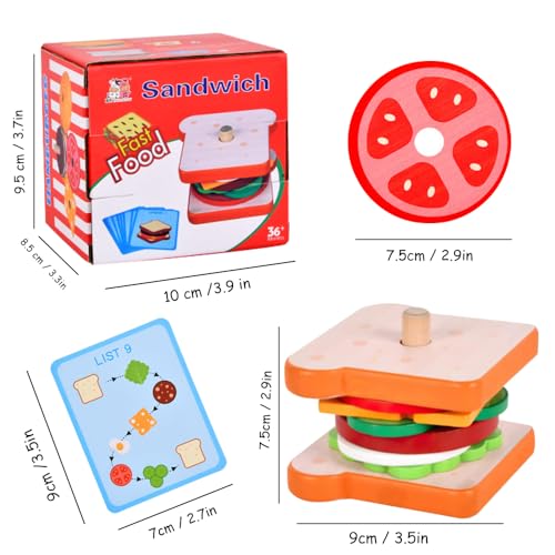 Holz Hamburger Sandwich Kinder Stapelspielzeug, Kinderküche Zubehör Holz Burger Lebensmittel Koch Spielzeug Brot Holzstapel SpielküChe Rollenspiele Geschenk für Jungen Mädchen 3+ (Sandwich)