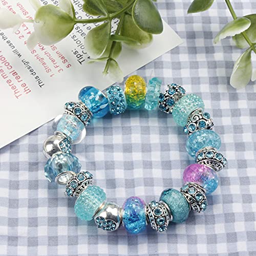 60 Pieces European Large Hole Spacer Beads Assortments Charm Beads Rhinestone Lampwork Beads Supplies for Necklace Bracelets Jewelry Making (Light Blue)