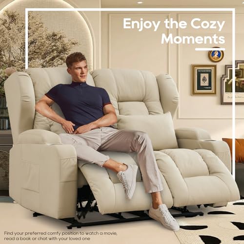 Image of IPKIG 54.2 inch RV Loveseat Recliner Sofa, Leathaire Fabric Wall Hugger Reclining Chair with Cup Holder and Side Pockets, Home Theater Seating Manual Recliner for Living Room (Beige, Loveseat)