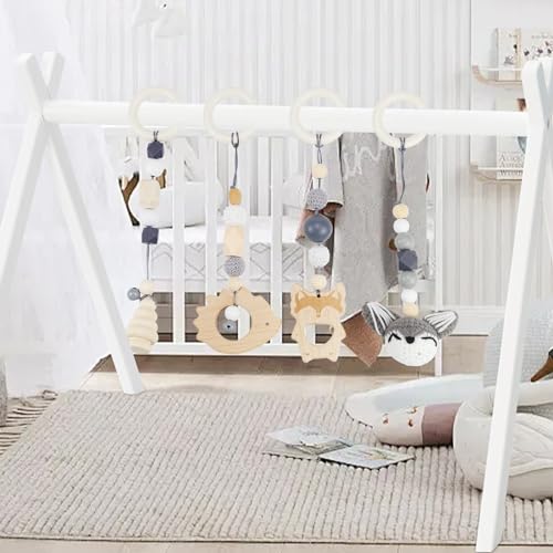 Spielbogen Baby Spielzeug ab 0 Monate 4 Stück Spielebogen Babies Toys Spielbögen Baby Gym Anhänger Holz für Mädchen Jungen Babyspielzeug für Babyschale Kinderwagen Autositz Spielzeug (Grau) – Bild 3
