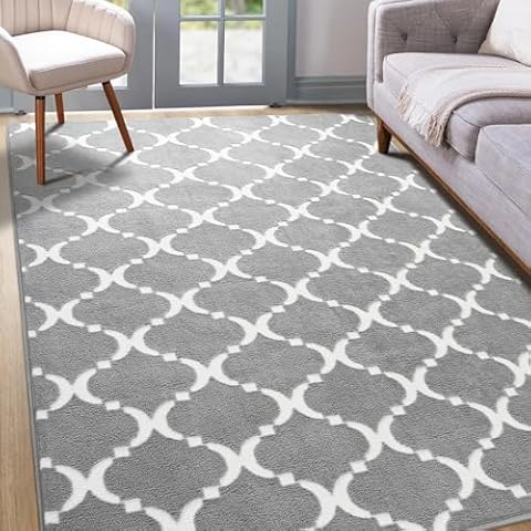 YJ.GWL Soft Shag Geometric Area Rug for Bedroom Living Room, 5x8 Feet Grey Cozy Modern Indoor Memory Foam Carpet, Washable Fluffy Rugs for Nursery Playroom Dorm Kids Girls Room Decor Floor Mat Cover