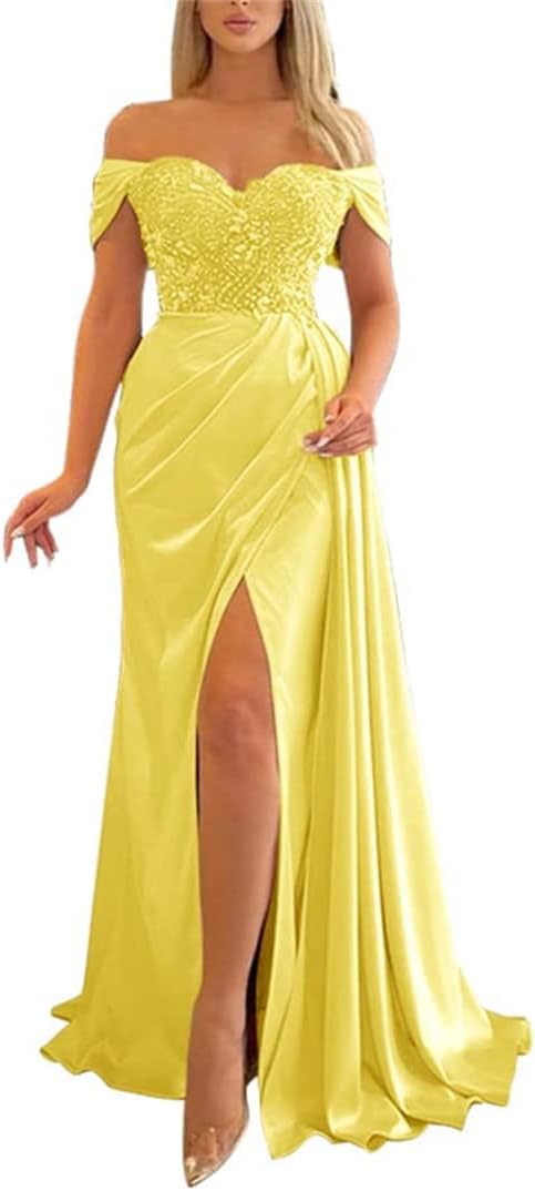 YMSHA Abito Lungo Damigella Taille Forte Con Tasche Spalla Fredda Pieghettato Con Spacco
