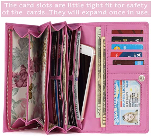 Image of Women's Top Grain Leather Wallet, RFID Blocking Bifold clutch, 17 Card Slots, Zip Pocket Organizer, Elegant Gift for Women - Birthday, Valentine, Anniversary - PINK