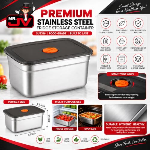 Image of MR.JV 1 Pcs 1500ML Stainless Steel Food Storage Containers with Airtight Lids, Kitchen Storage Containers for Fridge, Deep Freezer & Meal Prep, Steel Food Container with Lid, Stackable Storage Box
