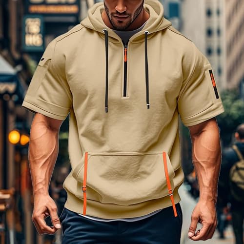 Short Sleeve Hoodies for Men Big and Tall Casual Quarter Zip Pullover Lightweight Oversized Hooded Shirts with Pocket2
