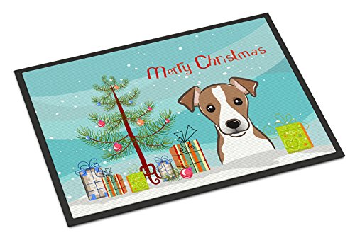 Caroline's Treasures BB1632MAT Christmas Tree and Jack Russell Terrier Doormat 18x27 Front Door Mat Indoor Outdoor Rugs for Entryway, Non Slip Washable Low Pile, 18H X 27W