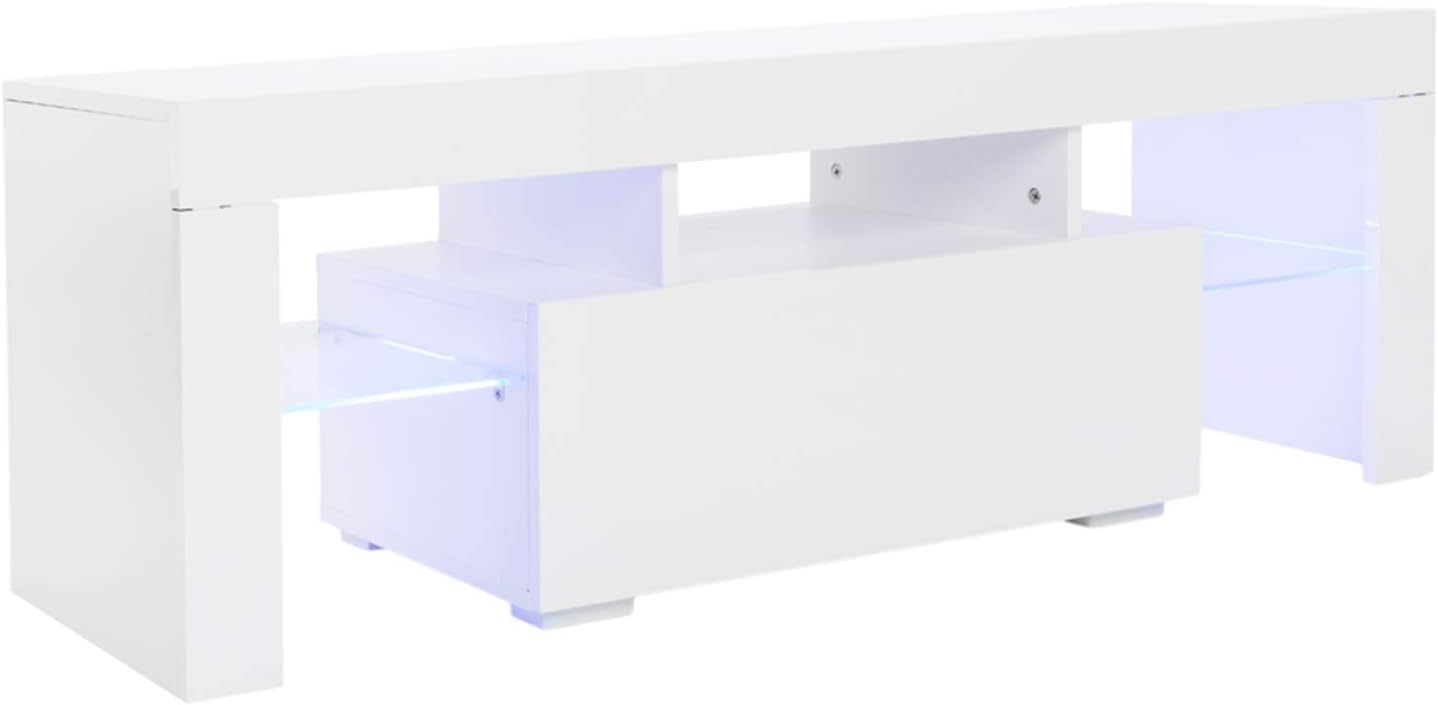 TV Stand with High Gloss LED Lights & Remote Control, Media TV Console Table Storage Cabinet Drawers,Large TV Stand Shelves for 55/65 Inch TV for Living Room Furniture, 51.2×13.8×17.7 Inch, White