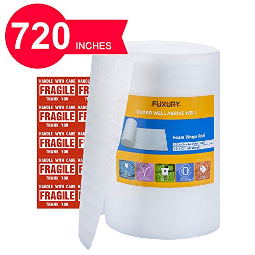 FUXURY Foam Wrap Roll 12"x60' (Feet),60 Pack 12" X 12" Packing Foam Sheets