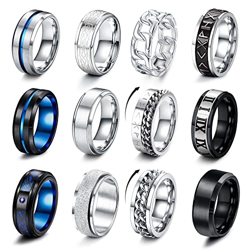 LOLIAS 12 Stück Edelstahl Ringe Herren Silber Blauen Schwarz Matt Finish Poliert Band Herrenring Kitten Spinner Ring Flaschenöffner Ringe Ehering Verlobungsringe Vintage Fidget Ring für Männer Damen