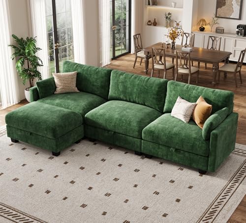 Image of Modular Sectional Sofa, 101 inch L Shaped Couch with Storage | High Resilience Foam, 22 inch Seat Depth, Movable Ottoman, Comfy Chenille, Easy Assembly, Green