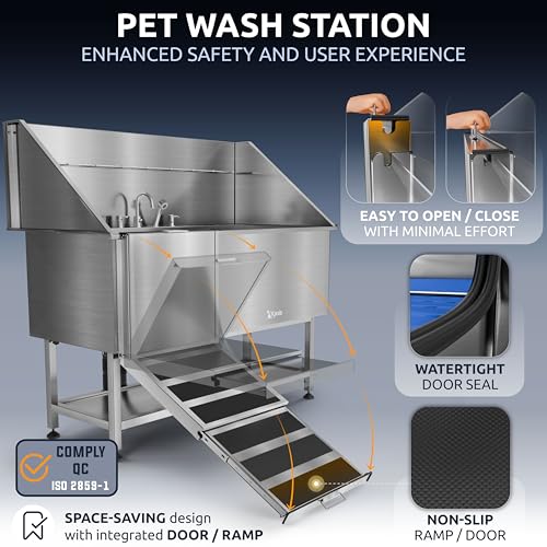 Image of KANIS Professional Dog Washing Station 304 Stainless Steel Pet Wash Sink & Grooming Bathtub w /Shower, Floor Grates and Storage for Large, Medium & Small Pets (Silver, 61 Inches, Left Ramp, Shelf)