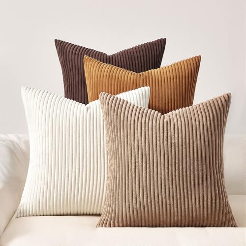 Image of Topfinel Gold Brown Throw Pillow Covers Rustic Modern Soft Corduroy Striped Decorative Cushion Cover 16x16 Inch Gradient Farmhouse Pillow Case Set of 4 for Sofa Couch Living Room Bedroom