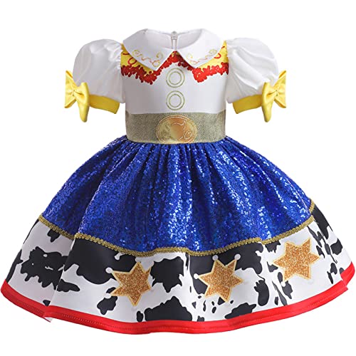 Tangsenyu Jessie Dress for Kids Toddler Girls Sequins Cowgirl Dresses Short Sleeve, White, 6-7 Years
