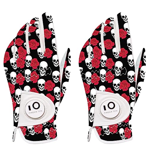 FINGER TEN Golf Gloves Men Left Hand Right Leather With Ball Marker Printed Grip 2 Pack