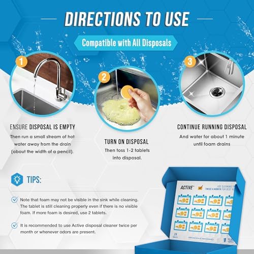 Garbage Disposal Cleaner Deodorizer Tablets - 24 Pack, New Powerful XL Foaming Tablet - Fresh Citrus Foam Sink Garburator Disposer Freshener, Natural Kitchen Drain Cleaning Care - 1 Year Supply - 3