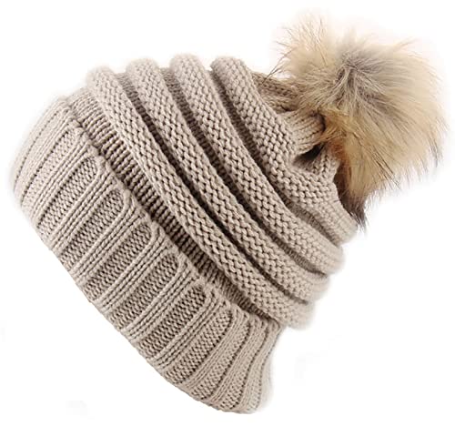 XYIYI Beige Kids Soft Knit Beanie Hat con Fur Pom para niños y niñas, Beige puro., 3-12 años Cover