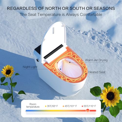 Smart Toilet with Built-In Bidet, Heated Seat, Dual Auto Flush, Warm Water & Dry Function, Tankless Design, Foot Sensor, Night Light, and Wireless Remote Control