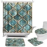 4 Pcs Turquoise & Gold Quatrefoil Shower Curtain Set with Rug Toilet Lid Cover and Bath Mat Vintage Pattern for Rich Bathroom Decor Includes 12 Hooks