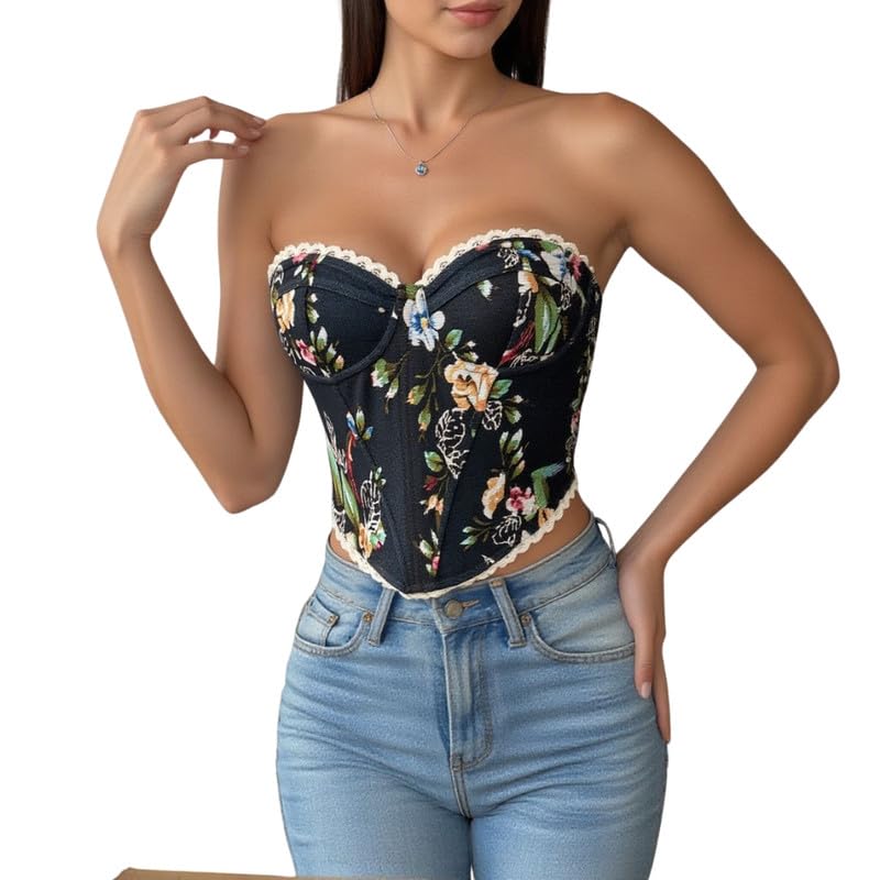 Women’s Lace Up Floral Corset Vest | Boned Fishbone Chest Wrap Top |Black | L